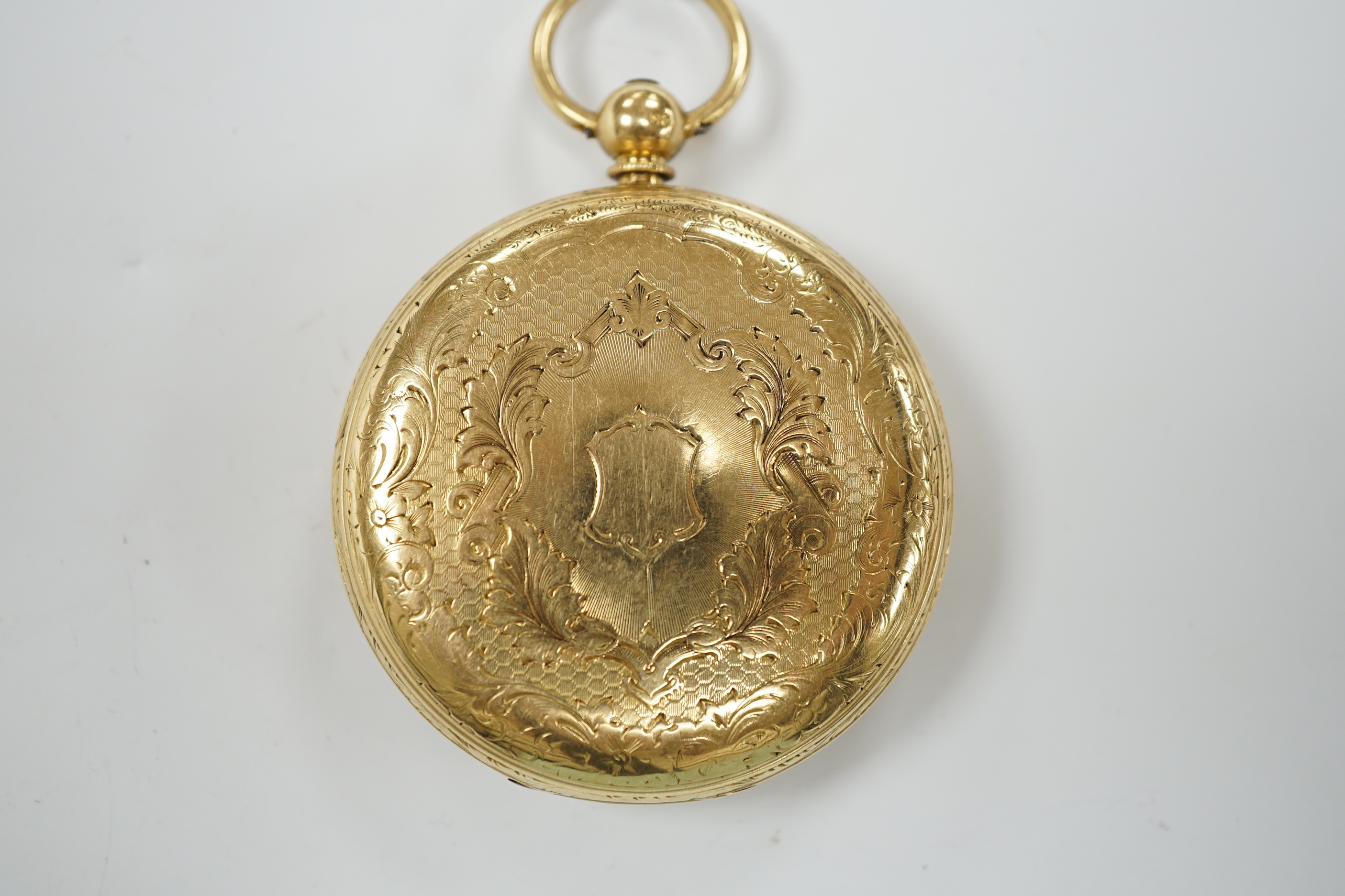 A Victorian 18ct. gold open face keywind pocket watch, with yellow dial and subsidiary seconds, case diameter 54mm, gross weight 126.6 grams.